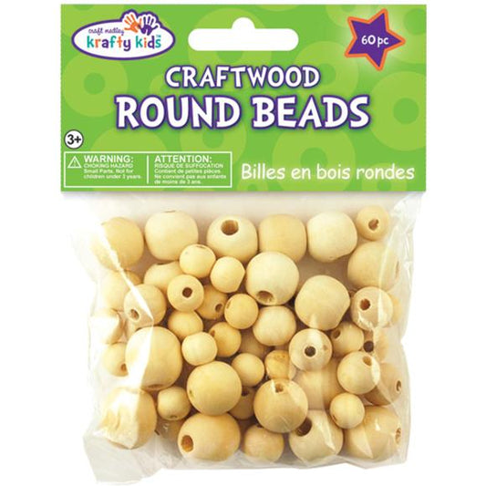 Krafty Kids Craftwood Round Beads 10mm To 16mm 60/Pkg