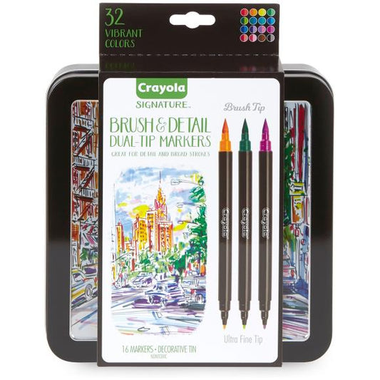 Crayola Signature Brush & Detail Dual-Tip Markers W/Tin