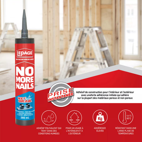 LePage No More Nails Wet Grab Construction Adhesive, White, 266 ml Cartridge, Pack of 1 LePage