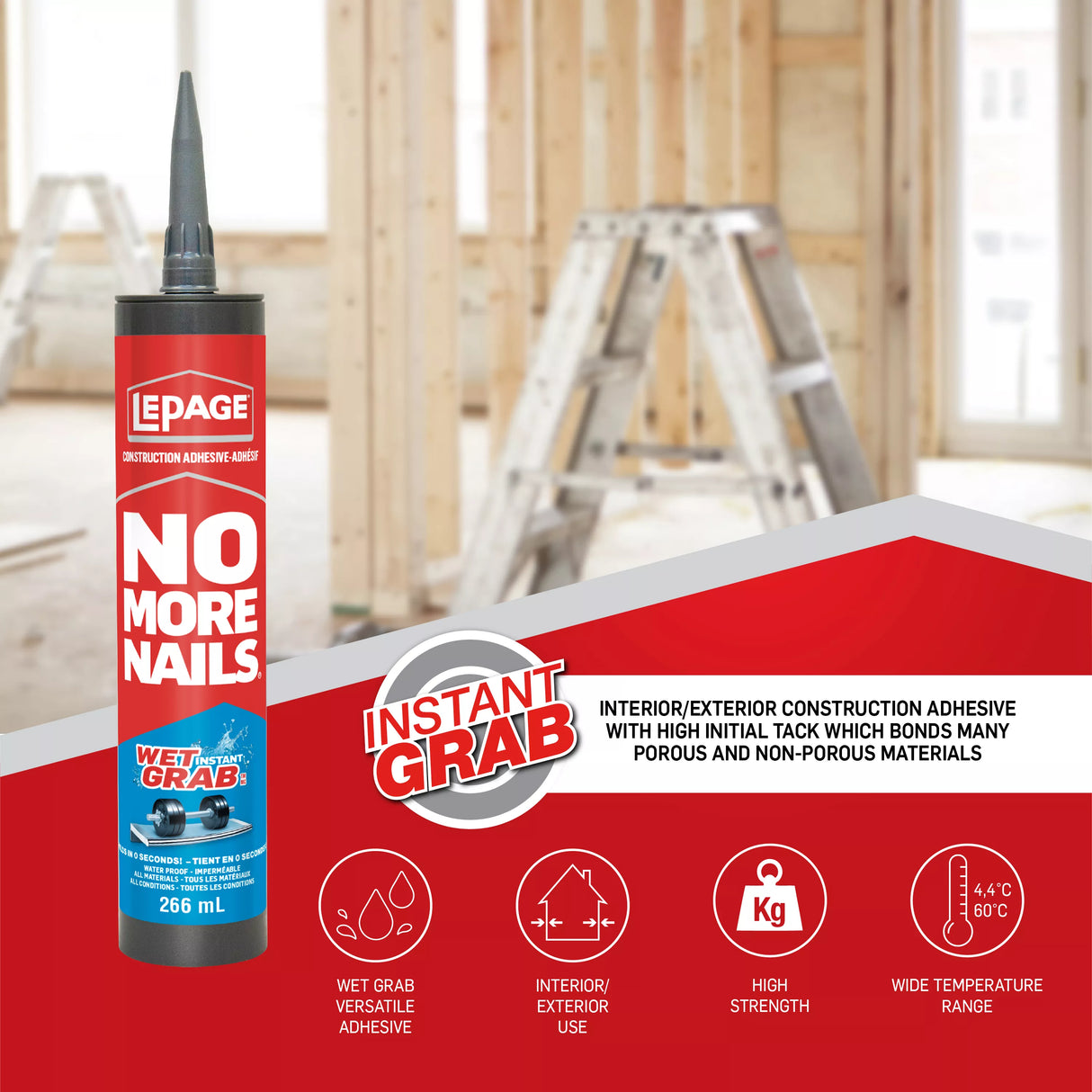 LePage No More Nails Wet Grab Construction Adhesive, White, 266 ml Cartridge, Pack of 1 LePage
