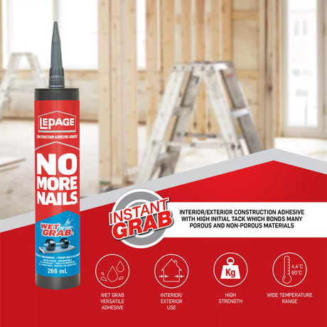 LePage No More Nails Wet Grab Construction Adhesive, White, 266 ml Cartridge, Pack of 1 LePage