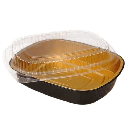 72oz Black/Gold Rectangular SmoothWall Foil Container with Clear Lid - 100 sets