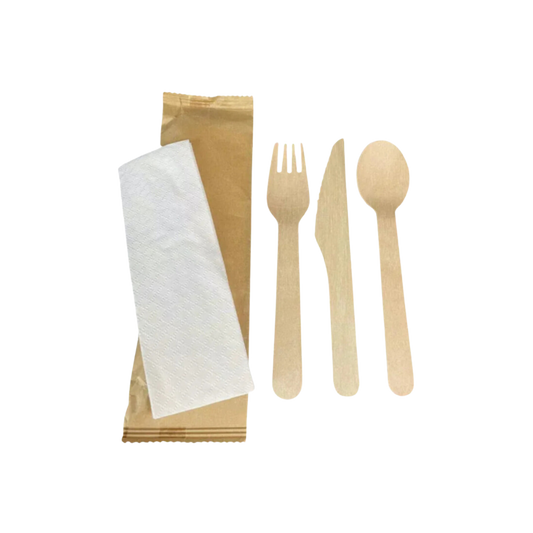 Wood Utensil Kit that includes a Knife, Fork, Spoon & Napkin - 400Sets