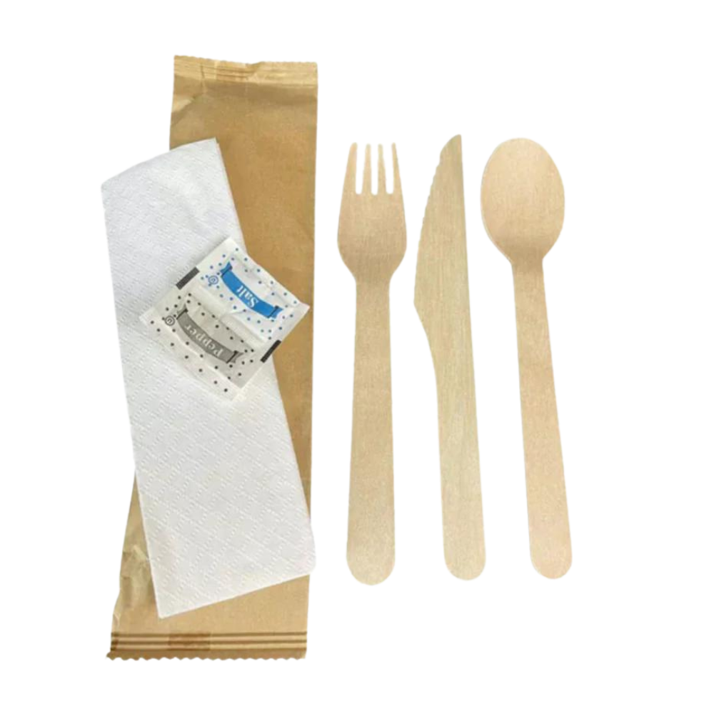 White Wooden Utensil Kit with a Knife, Fork, Spoon, Napkin, Salt & Pepper - 500 Sets