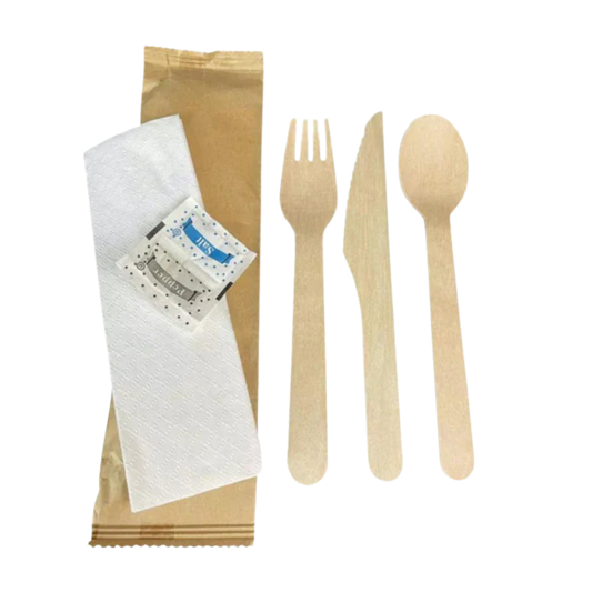 White Wooden Utensil Kit with a Knife, Fork, Spoon, Napkin, Salt & Pepper - 500 Sets