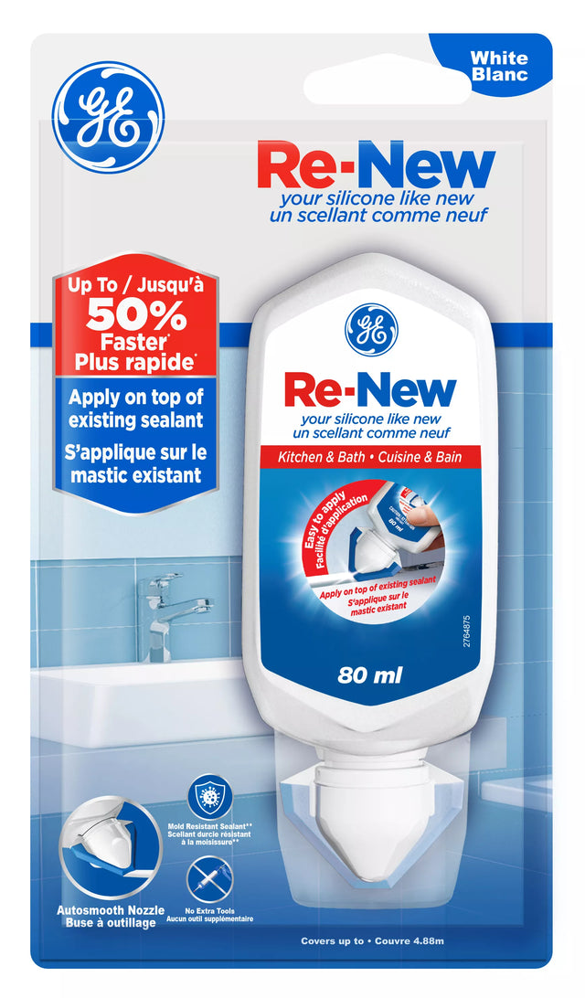 GE RE-NEW Silicone Sealant, White Kitchen and Bath, 80 ml Tube, Pack of 1 GE