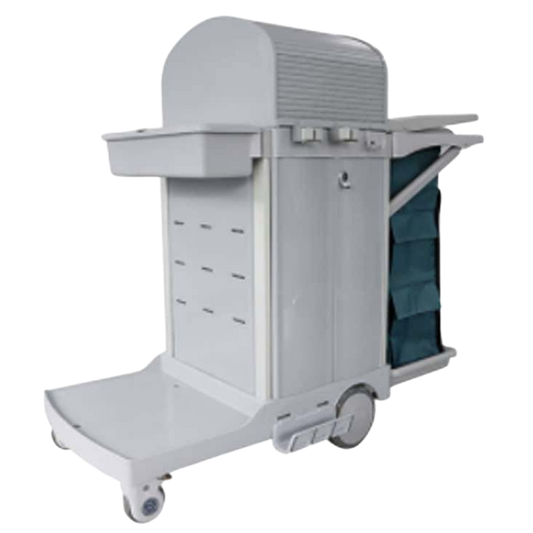 Grey Housekeeping Cart with Brakes, Front Storage Bin, and Lockable Doors - 1 Set