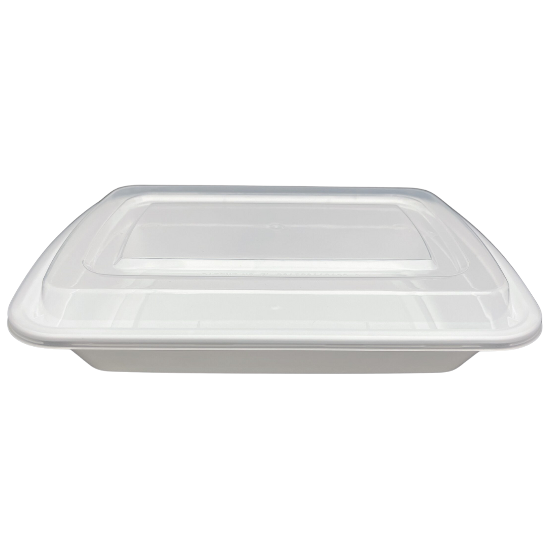 28oz Rectangular White Take-Out Microwavable Combo Container with Clear Lids - 150 sets