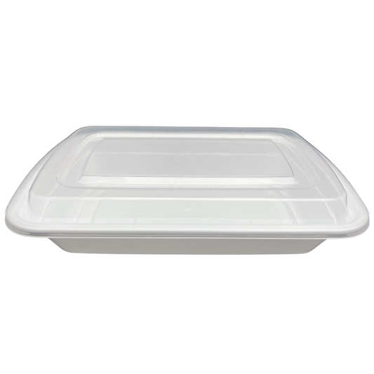 28oz Rectangular White Take-Out Microwavable Combo Container with Clear Lids - 150 sets
