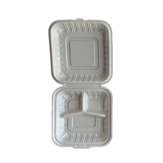 7" x 7" x 3" White MFPP Take-Out Container with 3Comp. - 150 pcs/case