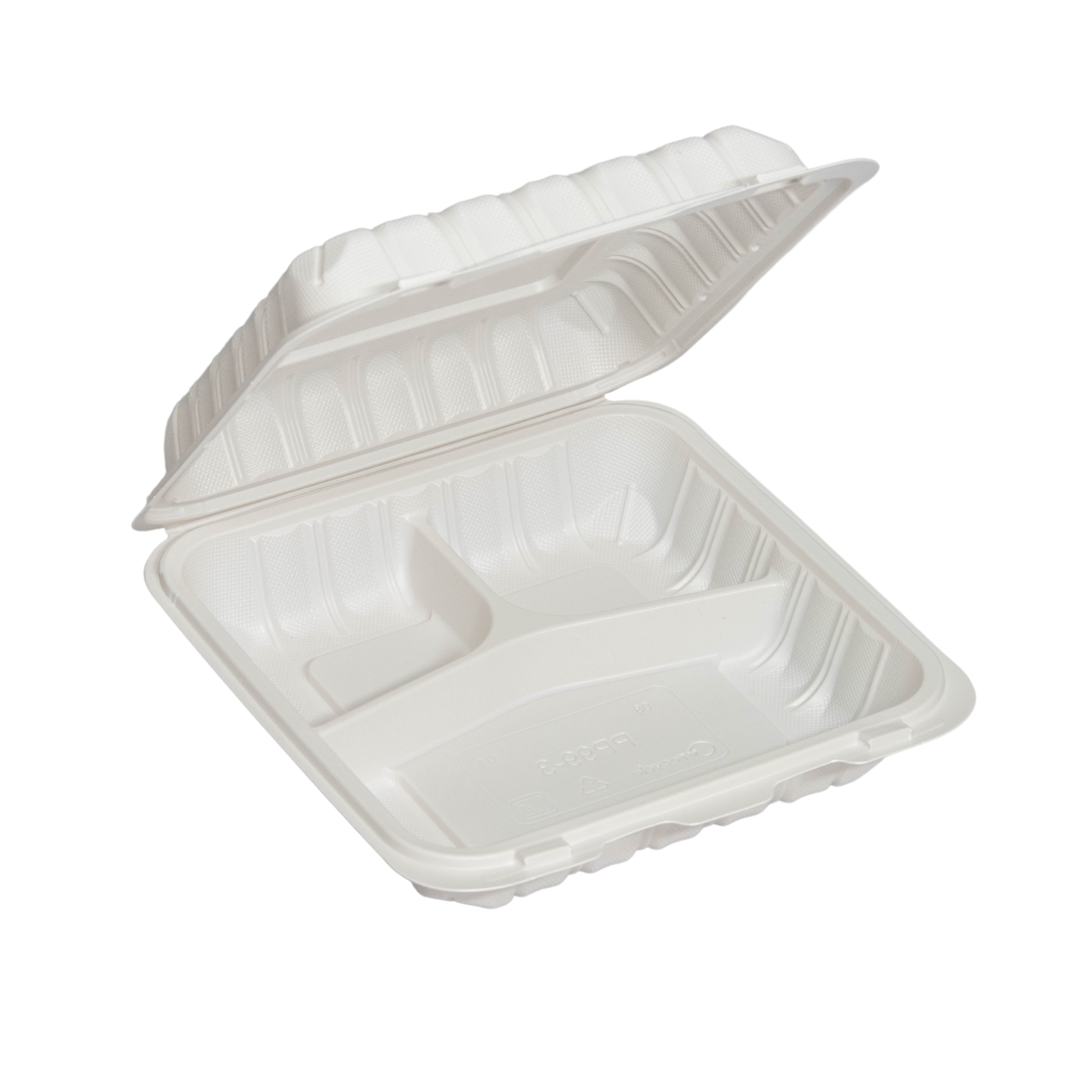 7" x 7" x 2.75" White MFPP Take-Out Container with 3Comp. - 150 pcs