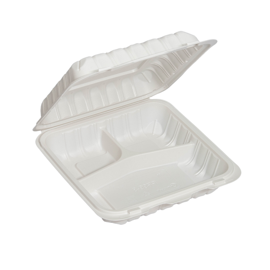 7" x 7" x 2.75" White MFPP Take-Out Container with 3Comp. - 150 pcs
