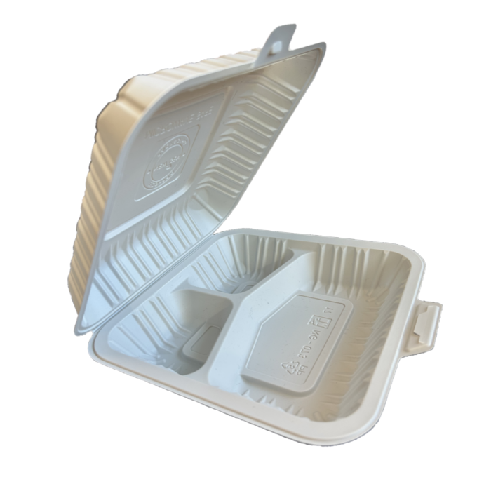 7" x 7" x 2.75" White MFPP Take-Out Container with 3-Comp. - 150 pcs