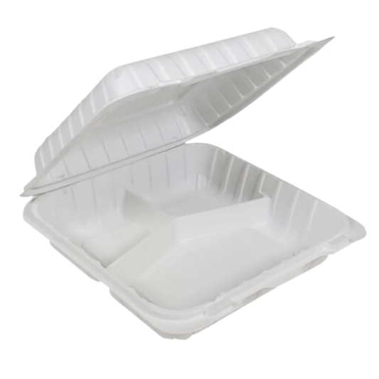 8" x 8"x 3" White MFPP Take-Out Container with 3-Comp. - 150/cs