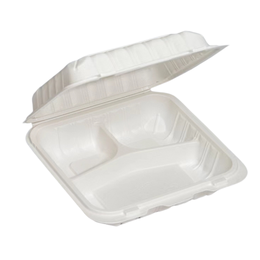 8" x 8" x 3.75" White MFPP Take-Out Container with 3Comp. - 150/cs