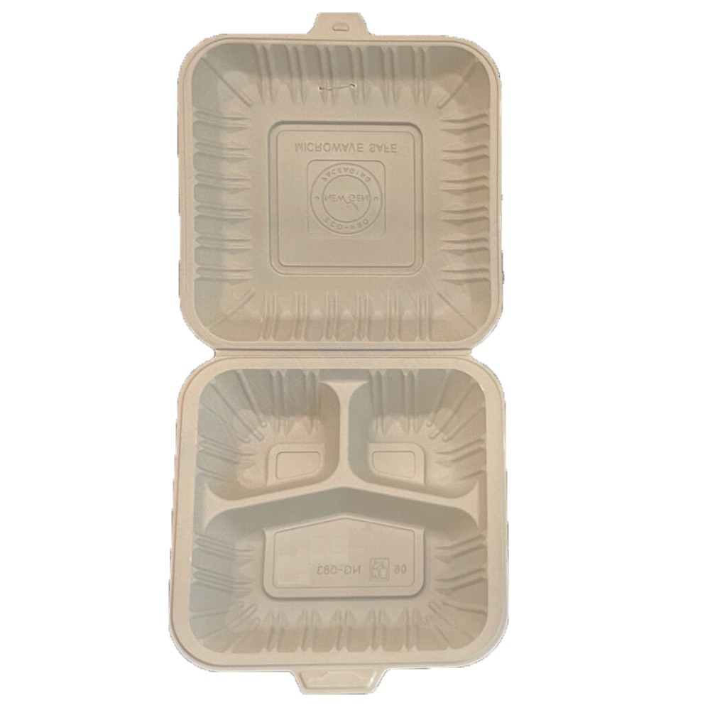 8" x 8" x 3.75" White MFPP Take-Out Container with 3-Comp. - 150 pcs