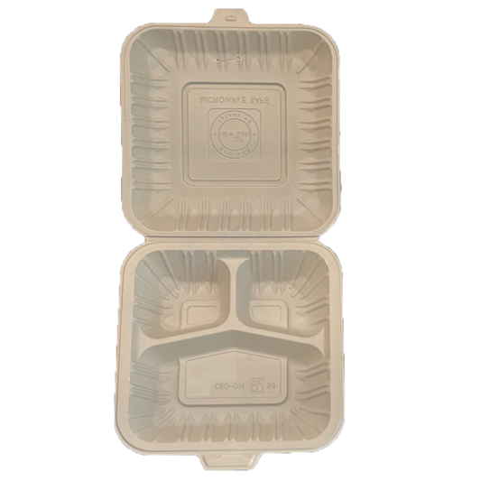 8" x 8" x 3.75" White MFPP Take-Out Container with 3-Comp. - 150 pcs