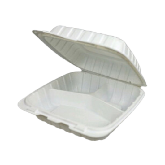 9" x 9"x 3" White MFPP Take-Out Container with 3-Comp. - 150/cs