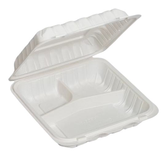 9" x 9.25" x 3" White MFPP Take-Out Container with 3Comp. - 150/cs