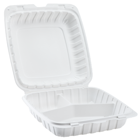 9" x 9.25" x 3" White MFPP Take-Out Container with 3-Comp. - 150 pcs
