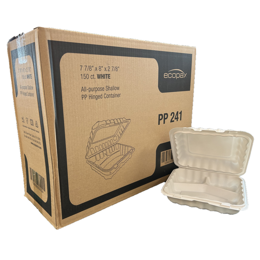 7.8" x 8" x 2.8", 3-Comp White MFPP Take-Out Container - 150 pcs