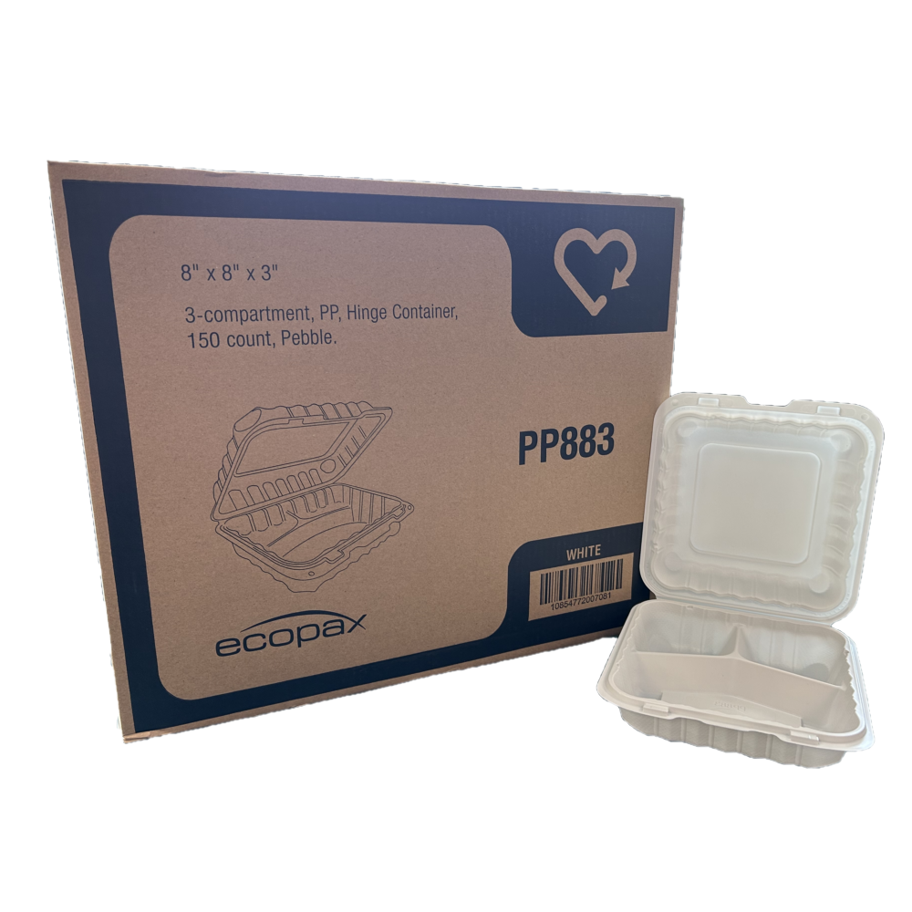 8" x 8" x 3", 3-Comp White MFPP Take-Out Container - 150/cs