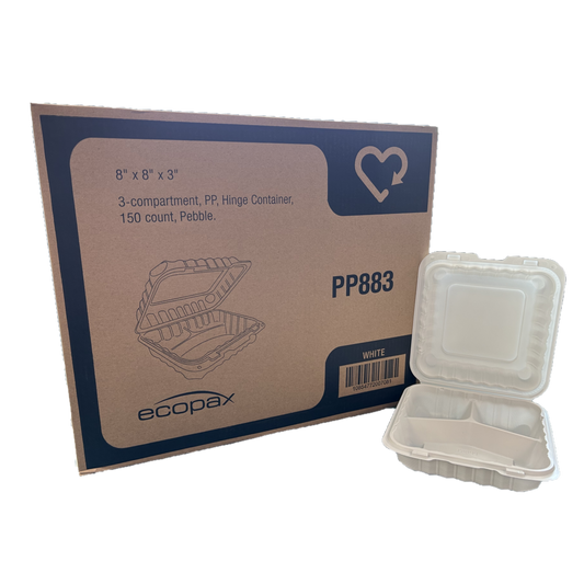 8" x 8" x 3", 3-Comp White MFPP Take-Out Container - 150/cs