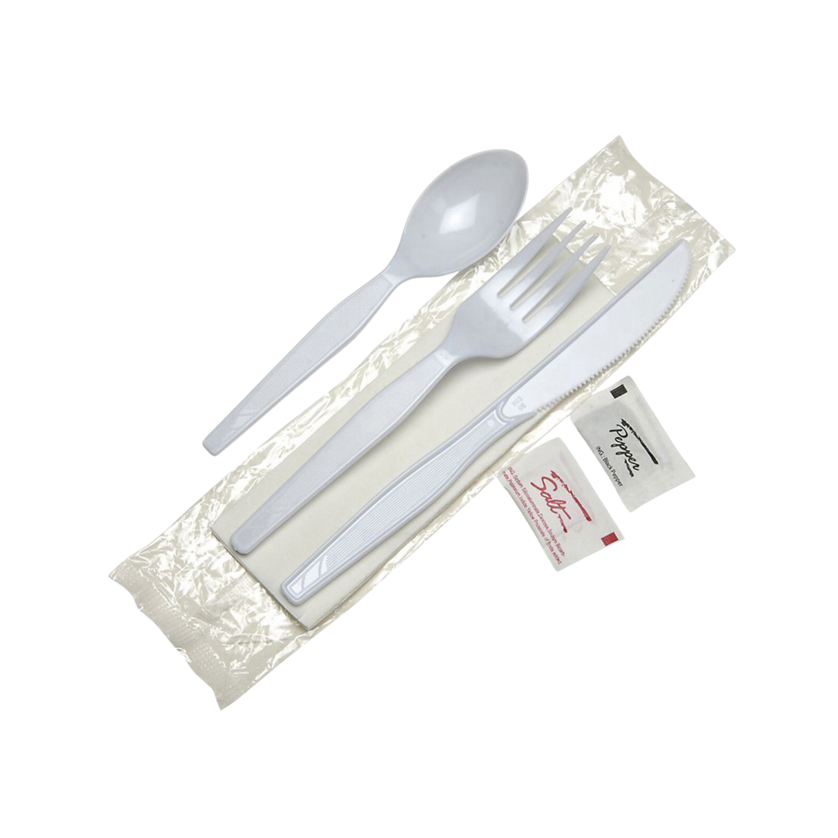 White Plastic Utensil Kit with Knife, Fork, Spoon, Napkin, Salt & Pepper - 500sets