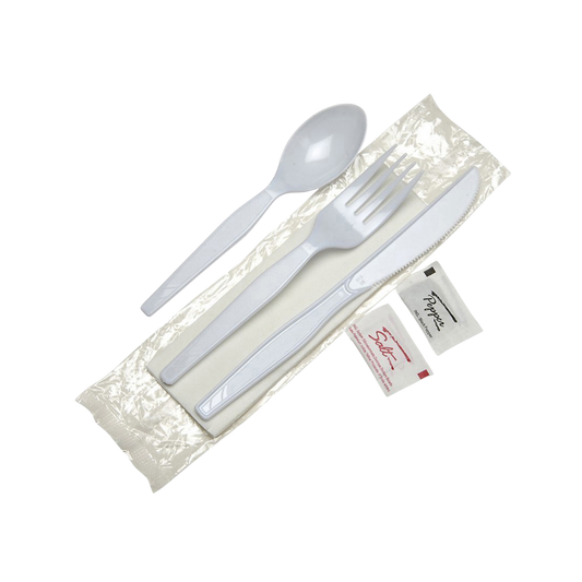White Plastic Utensil Kit with Knife, Fork, Spoon, Napkin, Salt & Pepper - 500sets