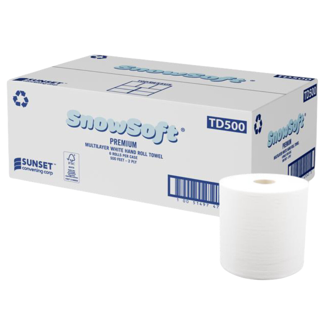 7.65" x 500' 2ply White Hand Towel Rolls (TD500) - 6 Rolls, 60/skid
