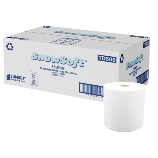 7.65" x 500' 2ply White Hand Towel Rolls (TD500) - 6 Rolls, 60/skid