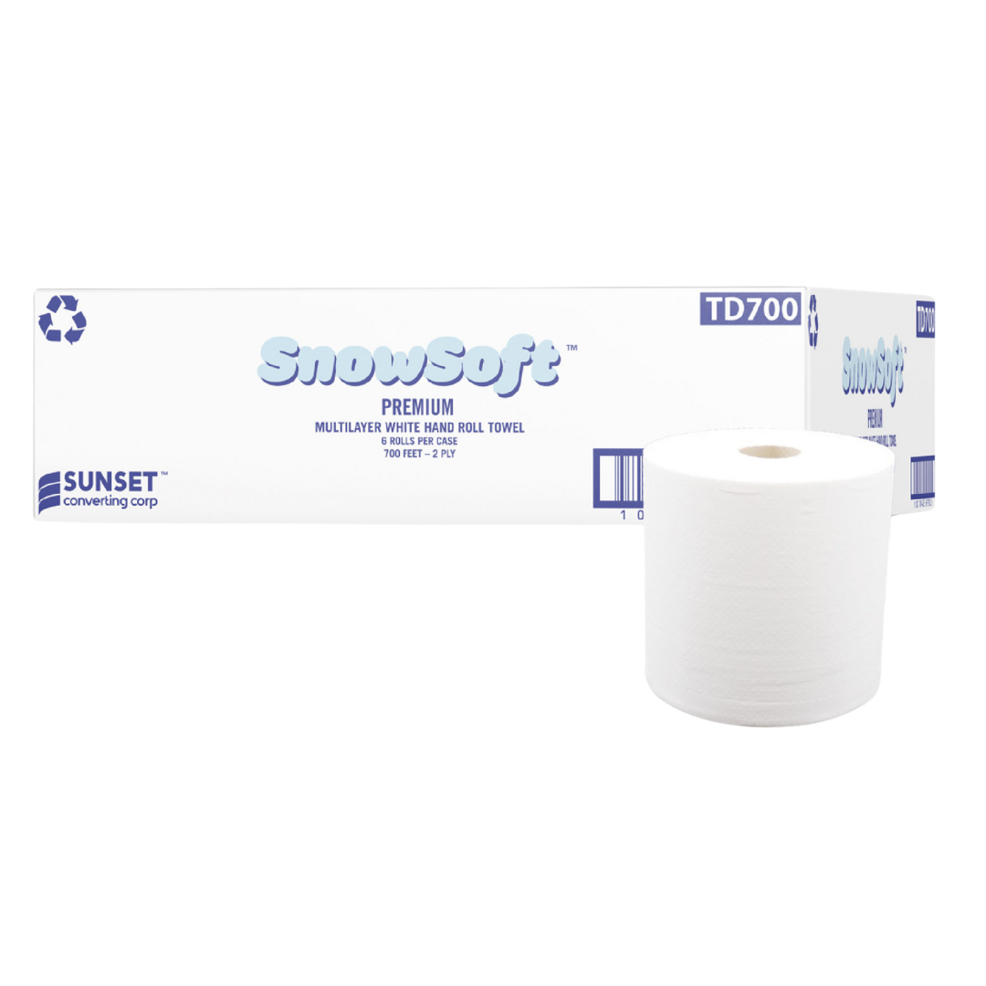 7.65" x 700', White 2 Ply Hand Towel Rolls (TD700) - 6 Rolls