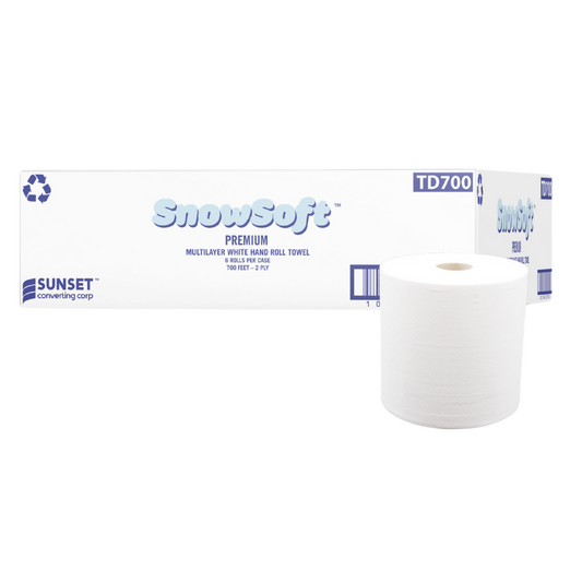 7.65" x 700', White 2 Ply Hand Towel Rolls (TD700) - 6 Rolls