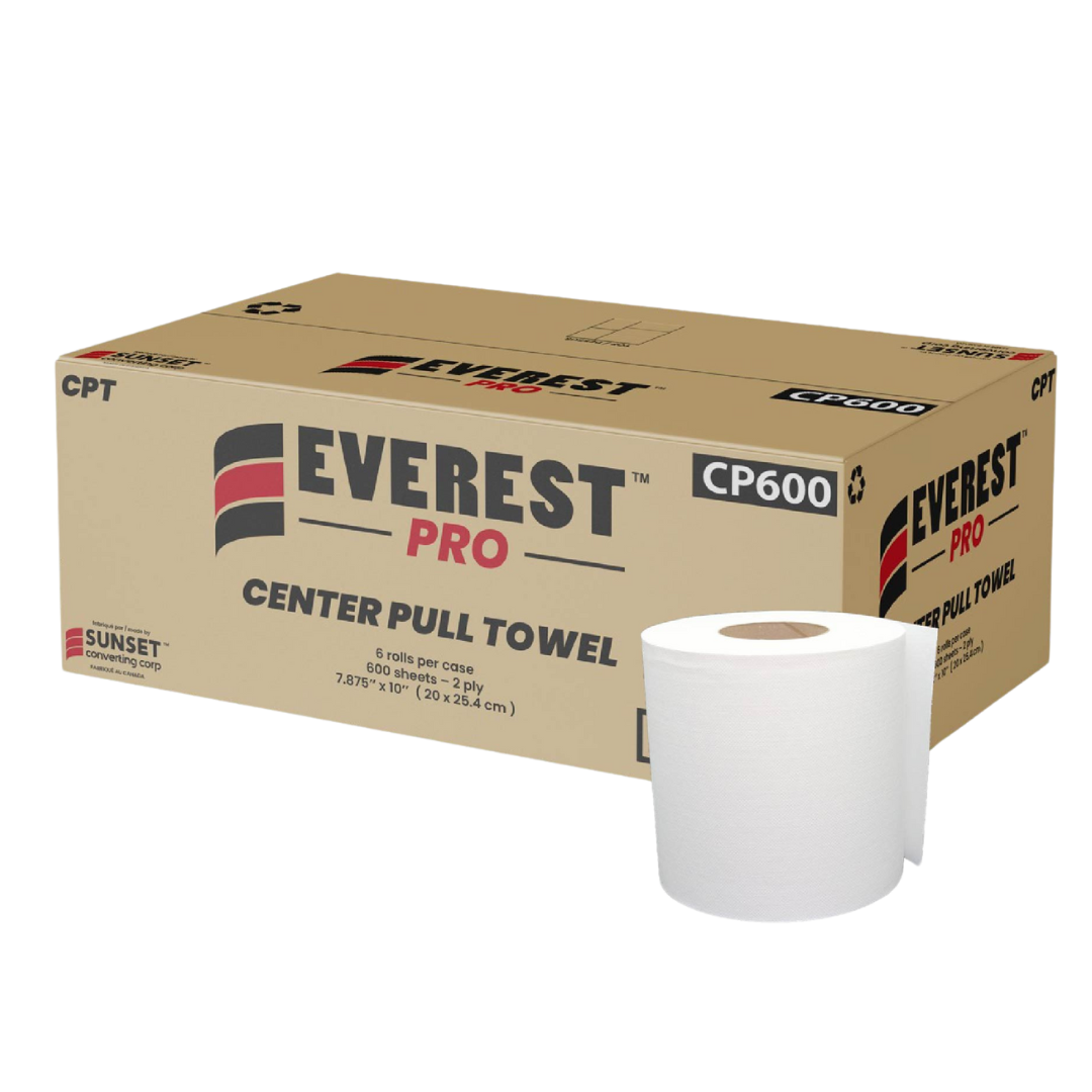 7.65" x 500', 600 sheets, White Centre Pull Towel (CP600) - 6 Rolls