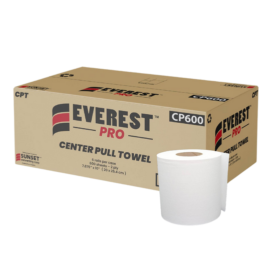 7.65" x 500', 600 sheets, White Centre Pull Towel (CP600) - 6 Rolls