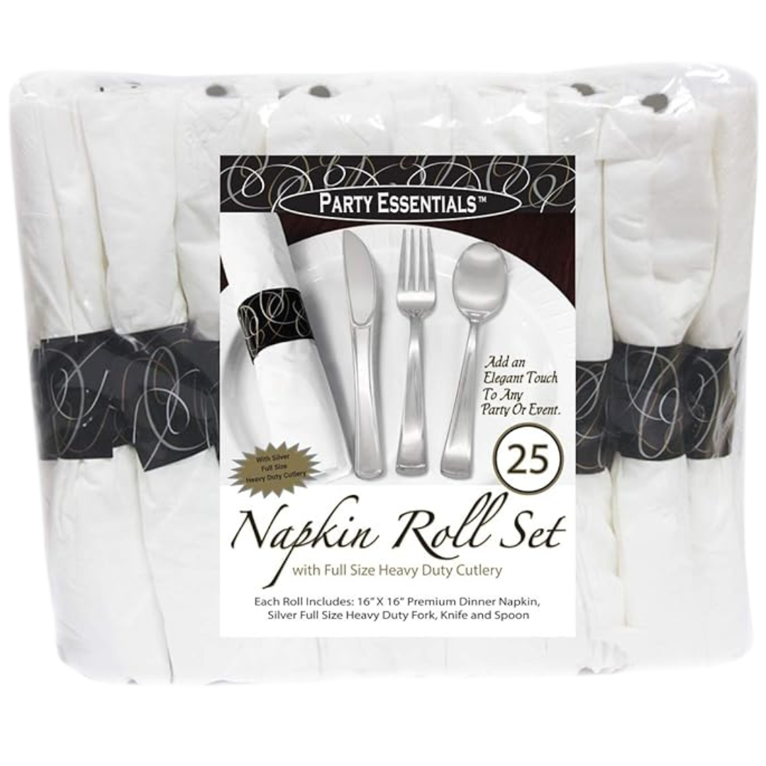 16"x16" Premium Dinner Napkin Roll Set with Silver Heavy Duty Fork,Knife & Spoon