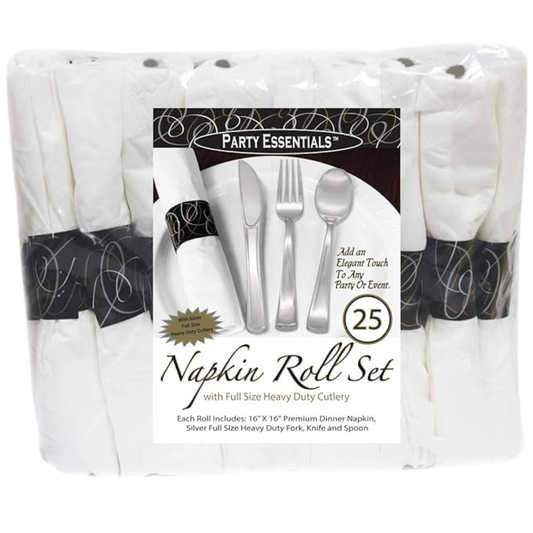 16"x16" Premium Dinner Napkin Roll Set with Silver Heavy Duty Fork,Knife & Spoon