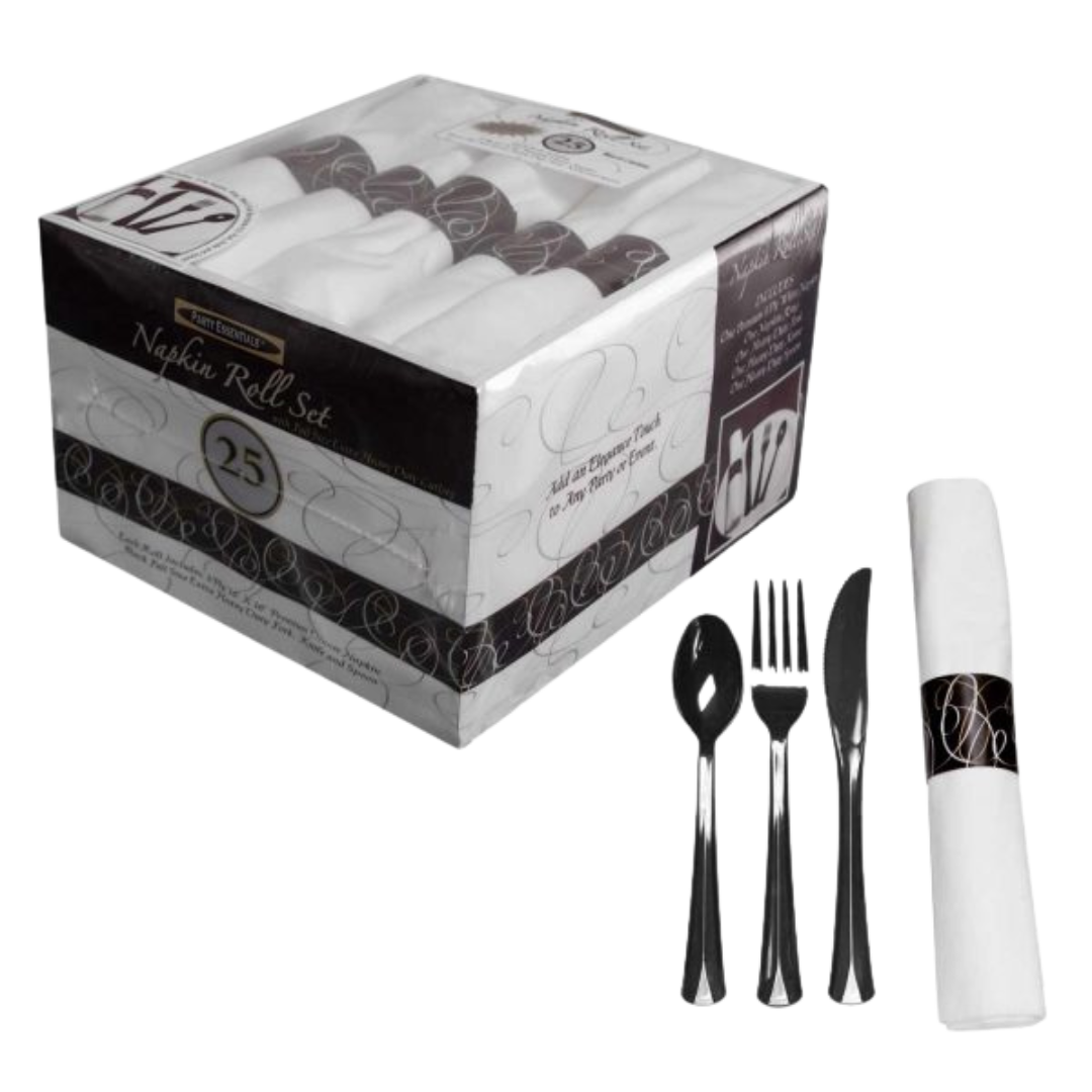 3ply Premium Dinner Napkin Roll Set of Black Extra Heavy Duty Fork, Knife & Spoon - 25 rolls/pk
