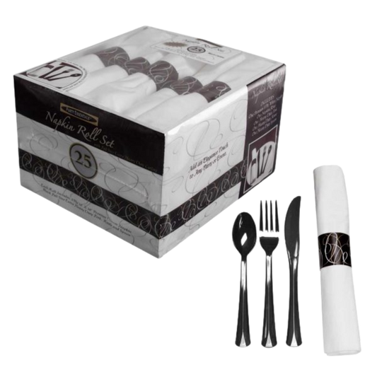 3ply Premium Dinner Napkin Roll Set of Black Extra Heavy Duty Fork, Knife & Spoon - 25 rolls/pk