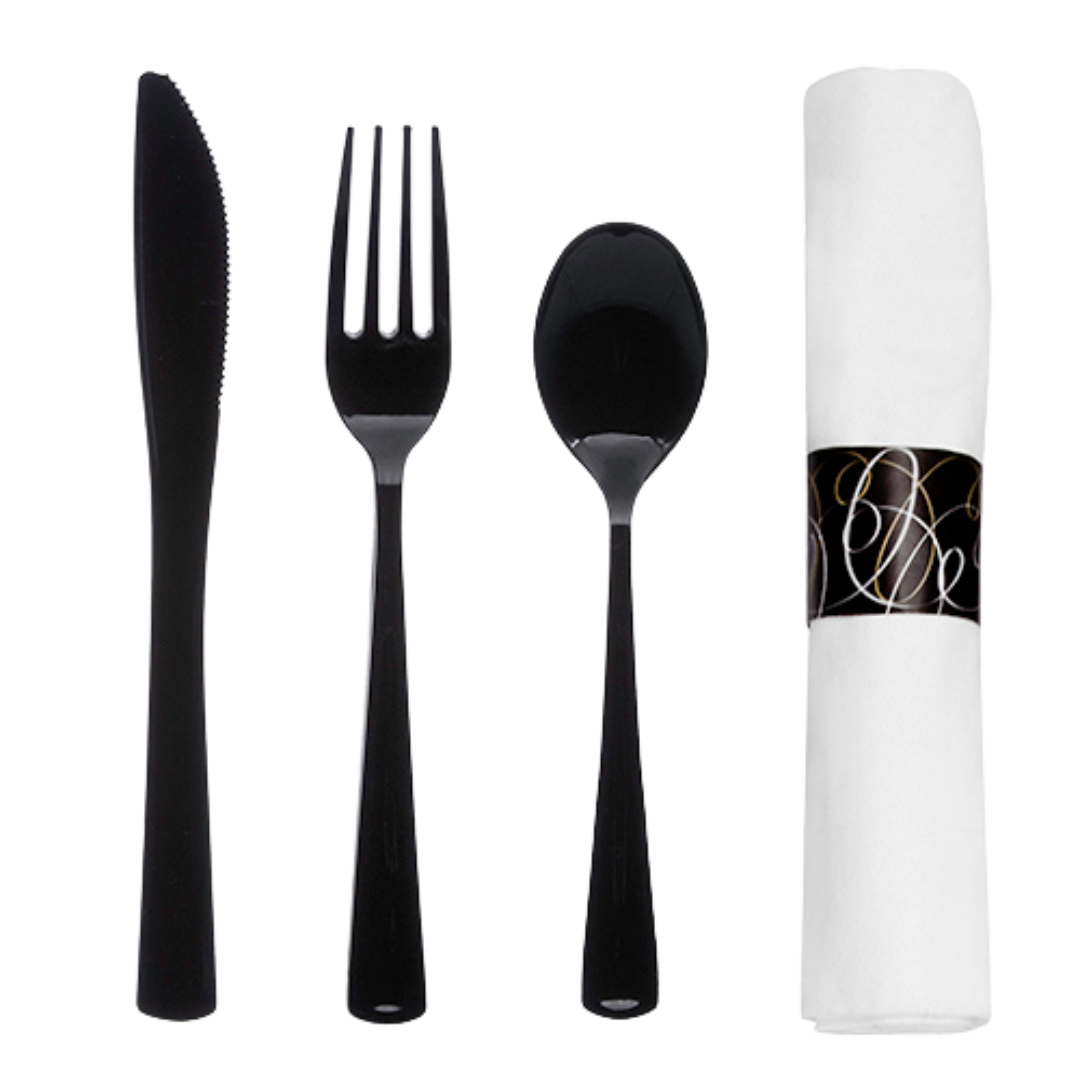 Airlaid Napkin Rolls Set with Black Heavy Duty Fork,Spoon & Knife - 25 rolls/pk