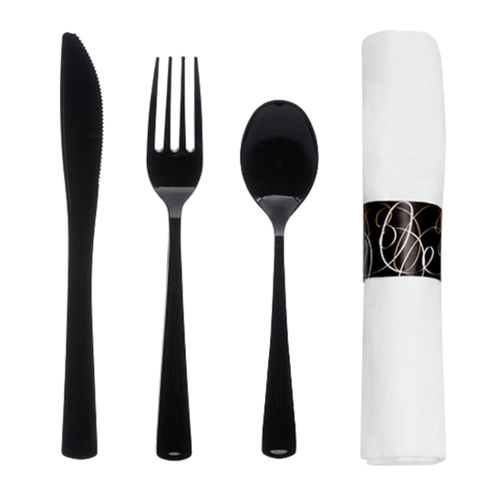 Airlaid Napkin Rolls Set with Black Heavy Duty Fork,Spoon & Knife - 25 rolls/pk