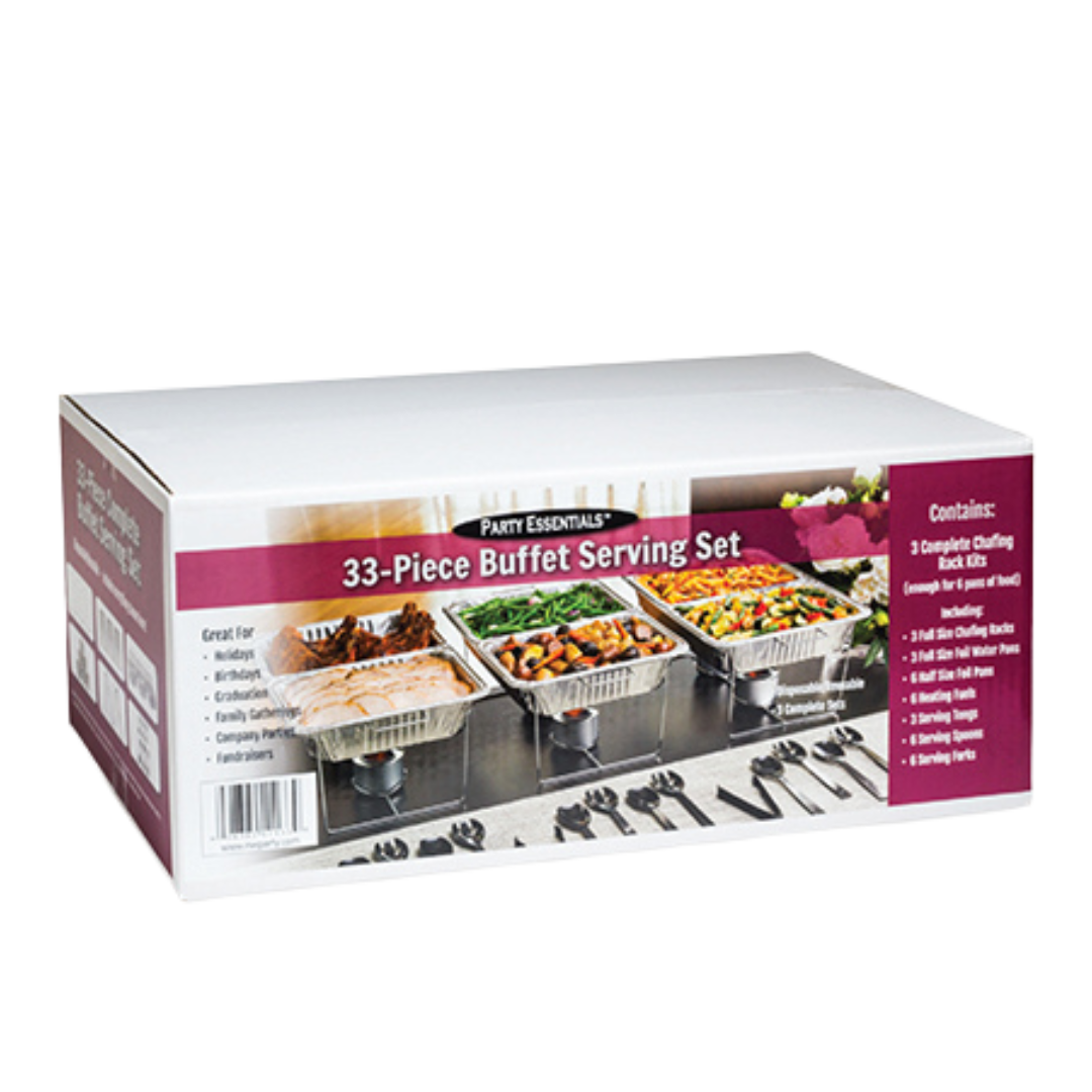 33pc Party Kit - Chafing Racks/Foil Pans/Heating Fuels/Tongs/Spoons/Forks - 1 case