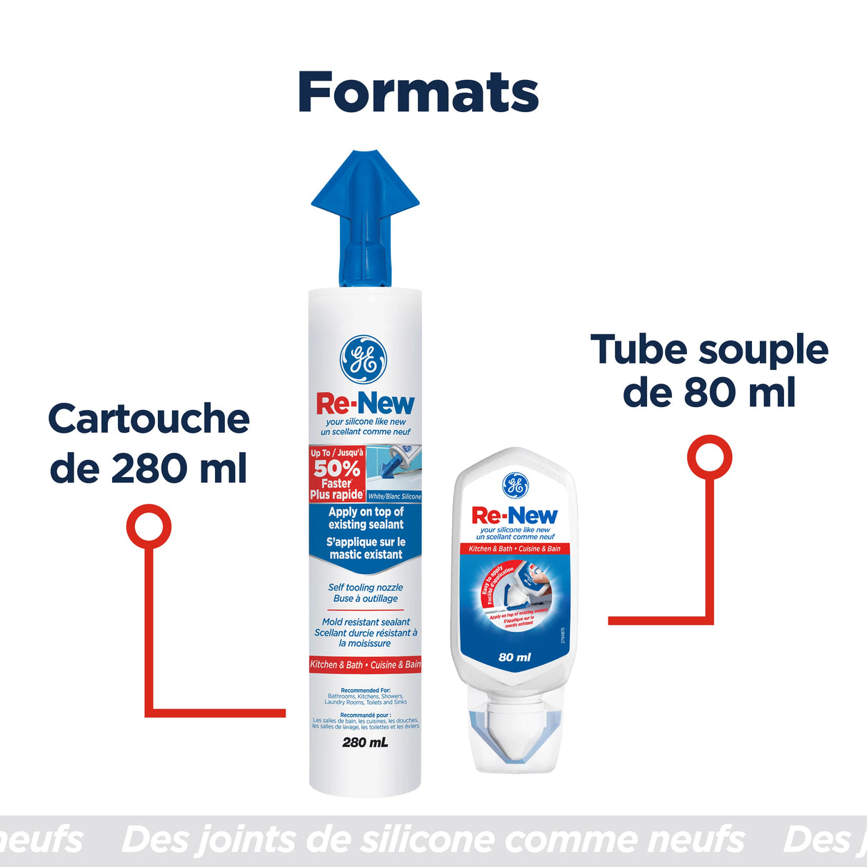 GE RE-NEW Silicone Sealant, White Kitchen and Bath, 80 ml Tube, Pack of 1 GE