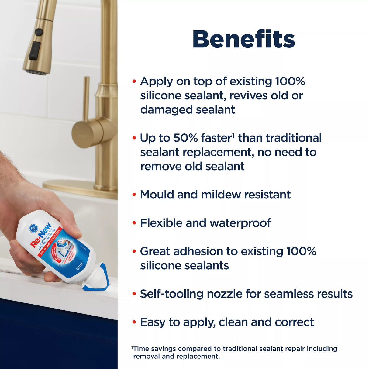 GE RE-NEW Silicone Sealant, White Kitchen and Bath, 80 ml Tube, Pack of 1 GE