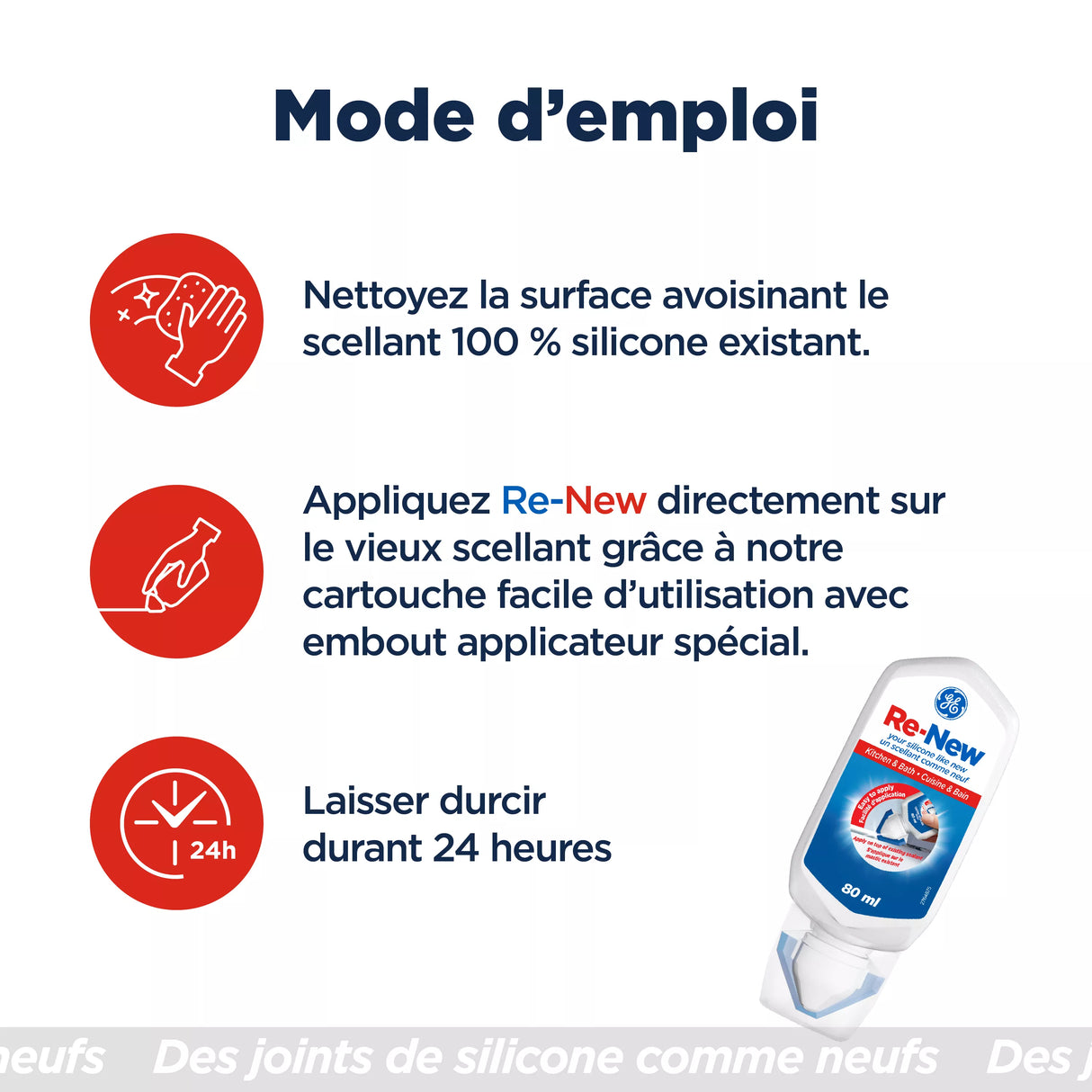 GE RE-NEW Silicone Sealant, White Kitchen and Bath, 80 ml Tube, Pack of 1 GE