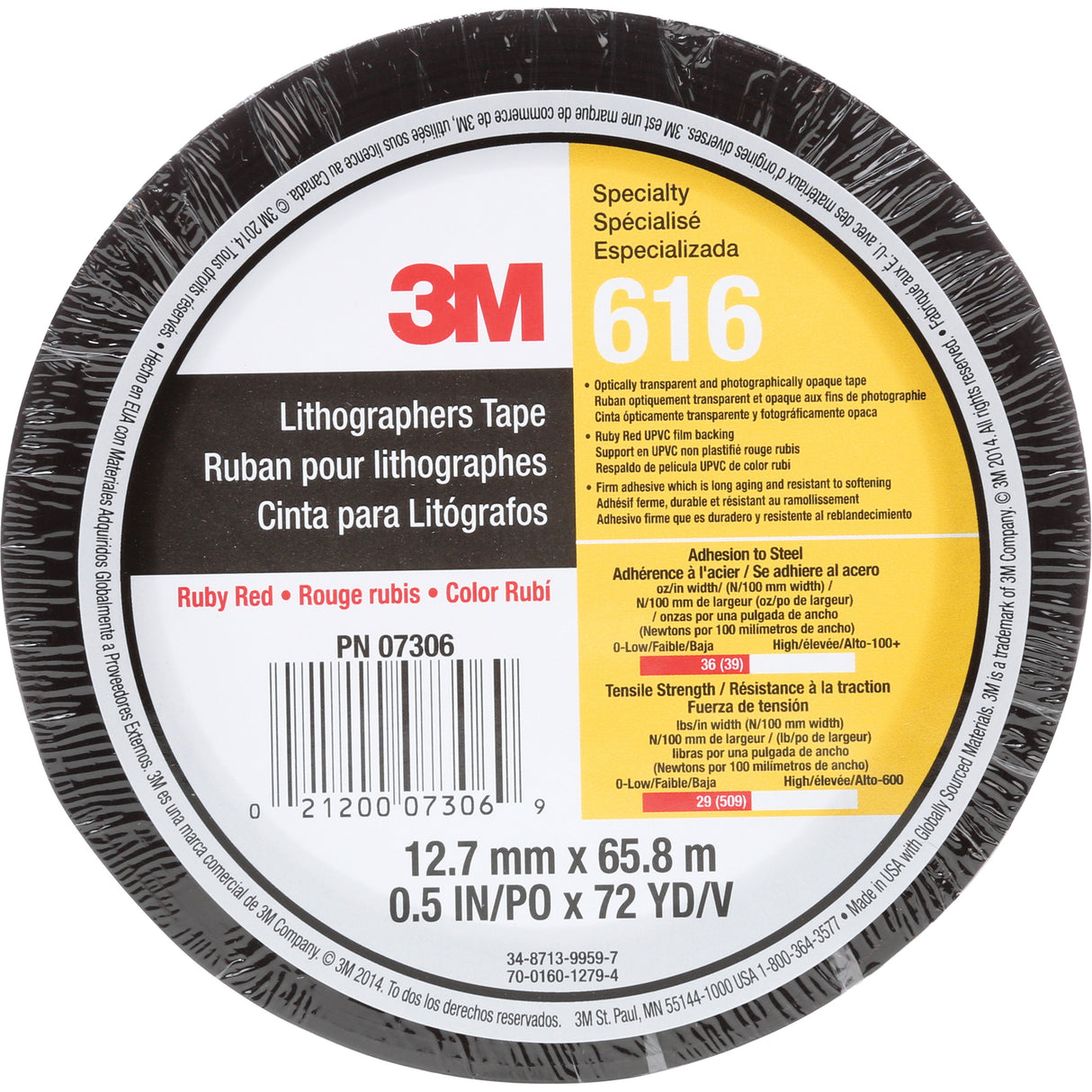 Lithographers Tape 616, 12.7 mm (1/2") x 66 m (216'), Red
