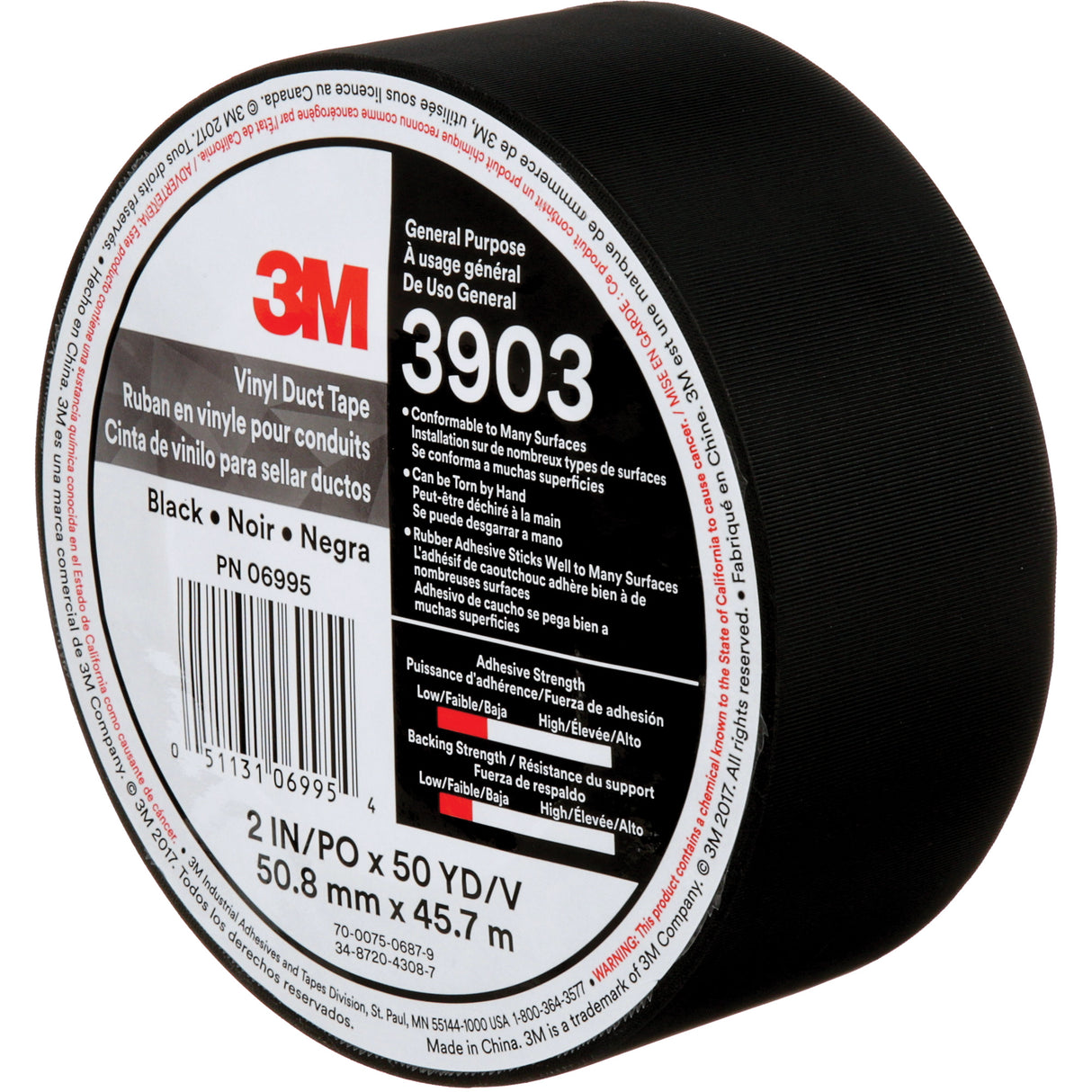 3903 Vinyl Duct Tape, 48 mm (2") W x 45 m (148') L, 6.5 mils, Black