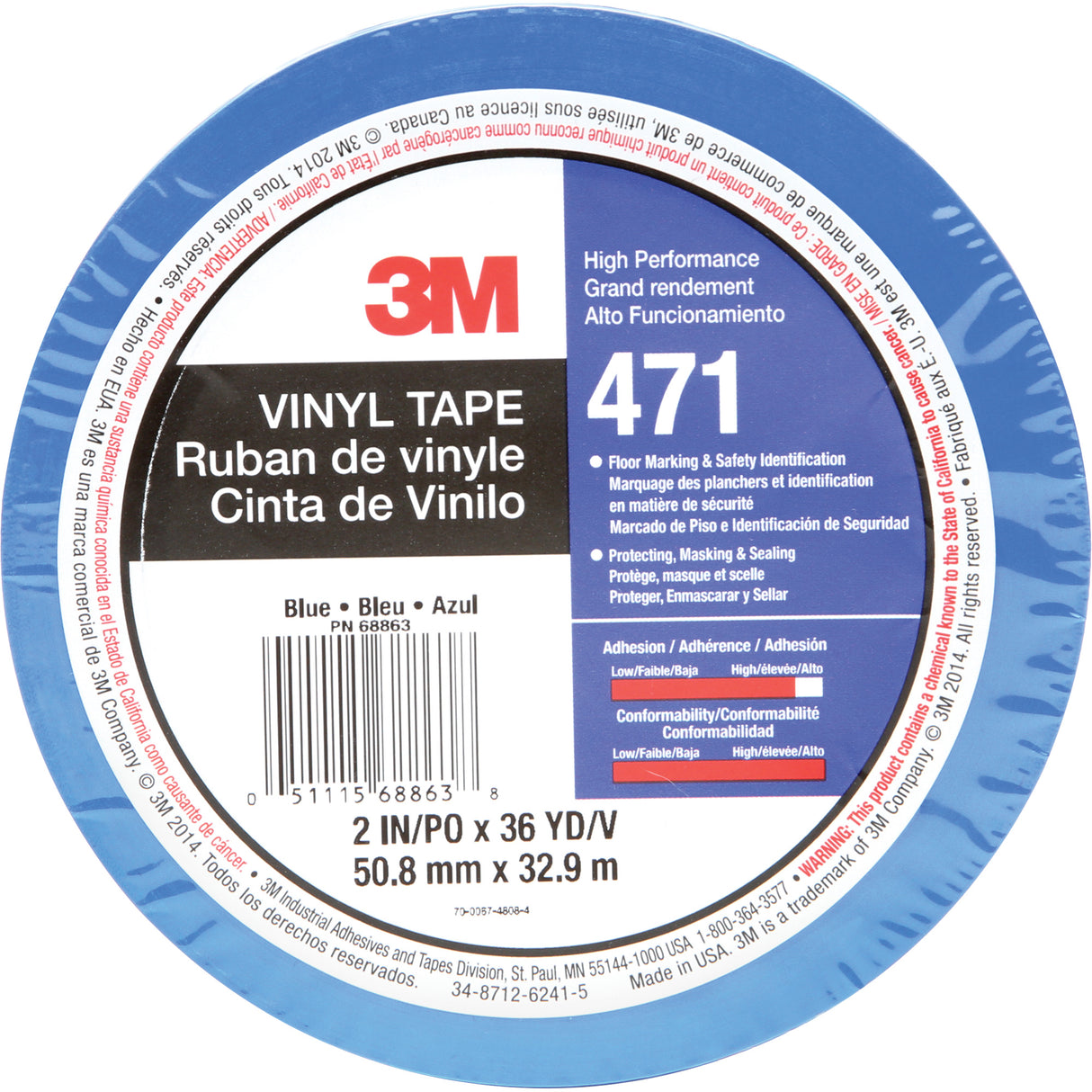 471 Vinyl Tape, 50.8 mm (2") W x 32.9 m (108') L, 5.2 mils, Blue