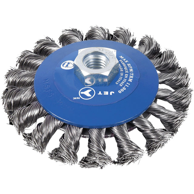 Knot Twisted Conical Bevel Brush, 5" Dia., 0.02" Fill, 5/8"-11NC Arbor