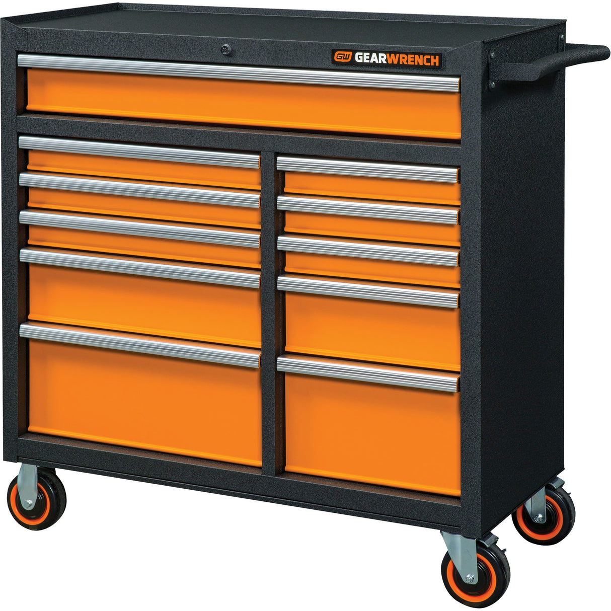 GSX Series Rolling Tool Cabinet, 11 Drawers, 41" W x 18-1/5" D x 41-1/2" H, Black/Orange